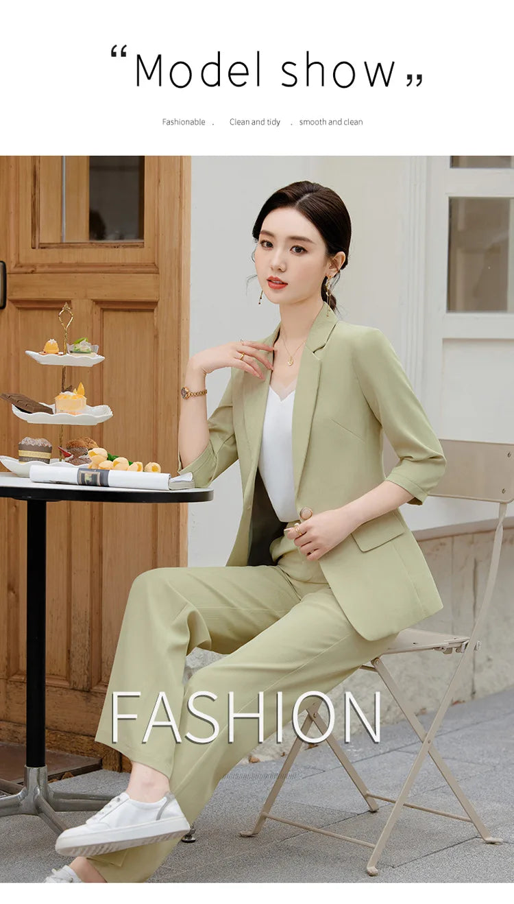 Office Pant Suits for Women Three Quarter Streetwear Casual Two Piece Set 2024 New Spring Summer Single Button Solid Pant Suits