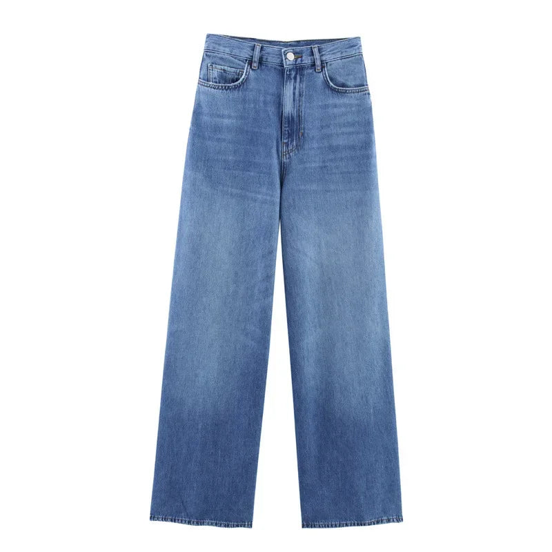 Fashion Casual Denim Shirt High Waist Wide Leg Pants Women's Independent Station Wind Clothing Satin Polyester Fiber AE Stock