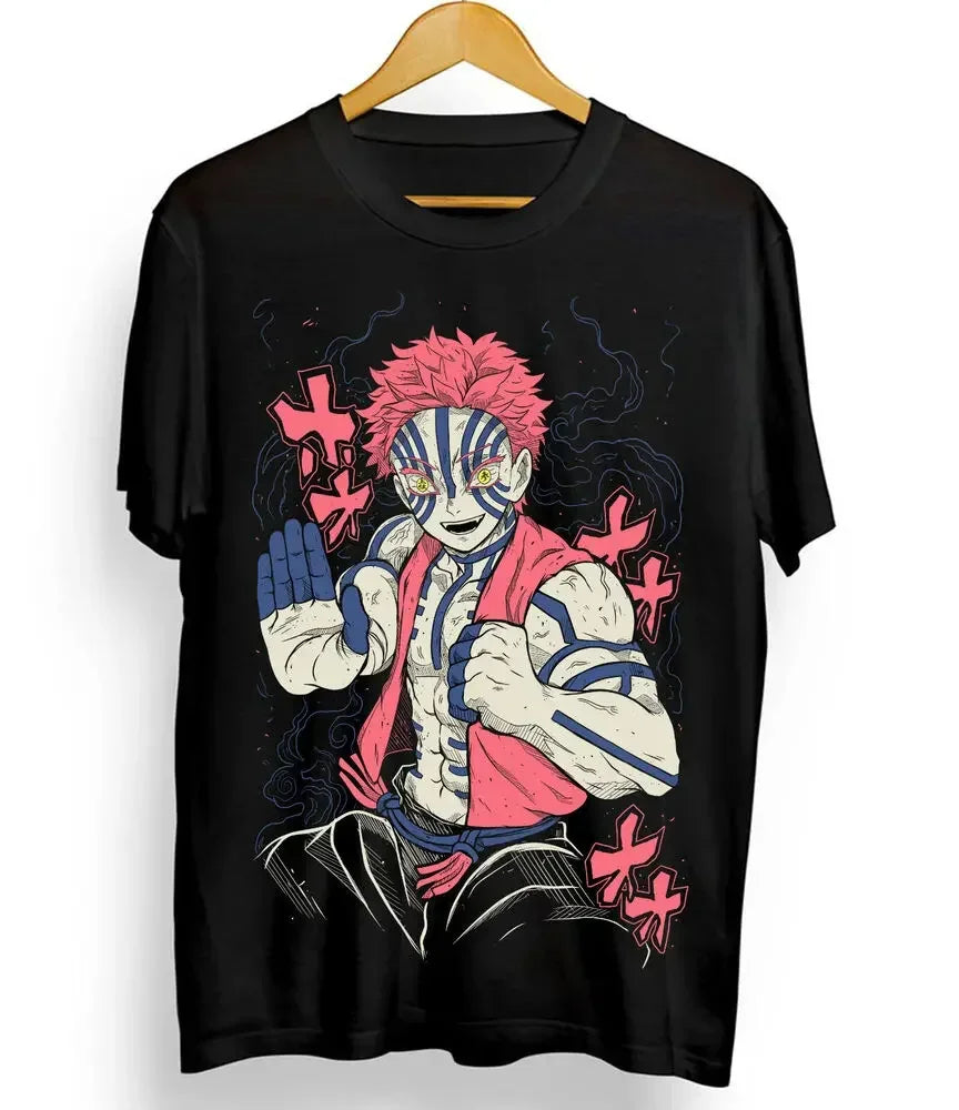 Akaza Kimetsu No Yaiba T-Shirt Demon Slayer Tanjiro Unisex Black Tshirt Cartoon Anime Pattern Women's Clothing Fashion Y2K Top