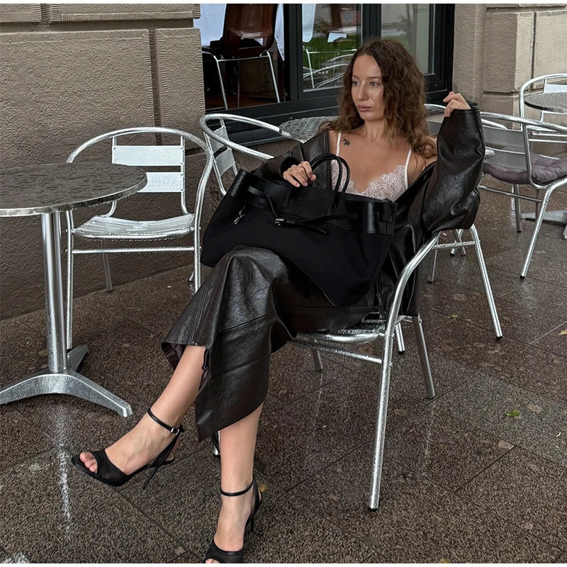 Y2K Pu Leather Women Skirt Set Street Solid Long Sleeve Stand Zippers Jacket Split Skirts 2025 Autumn Fashion Lady Outfit