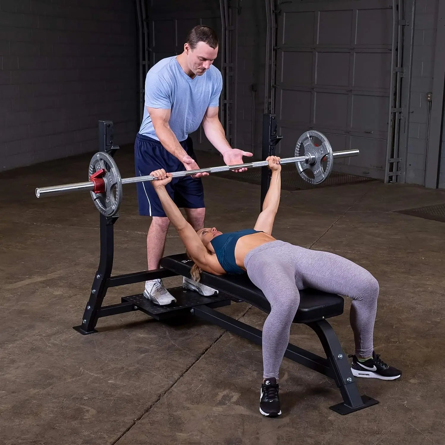 Fixed Flat Bench by for Weightlifting and Strength Training with Spotter Platform