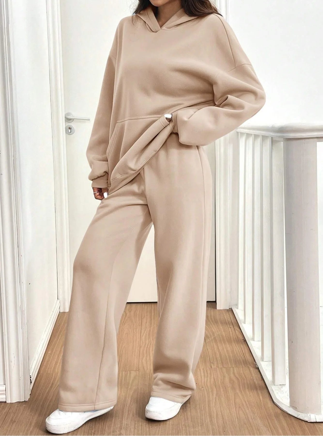Simplicity Women's Outfits Two Piece Sport Set Long Sleeve Loose Hoodies Lace-up High Waist Straight Pant Sets Solid Tracksuits