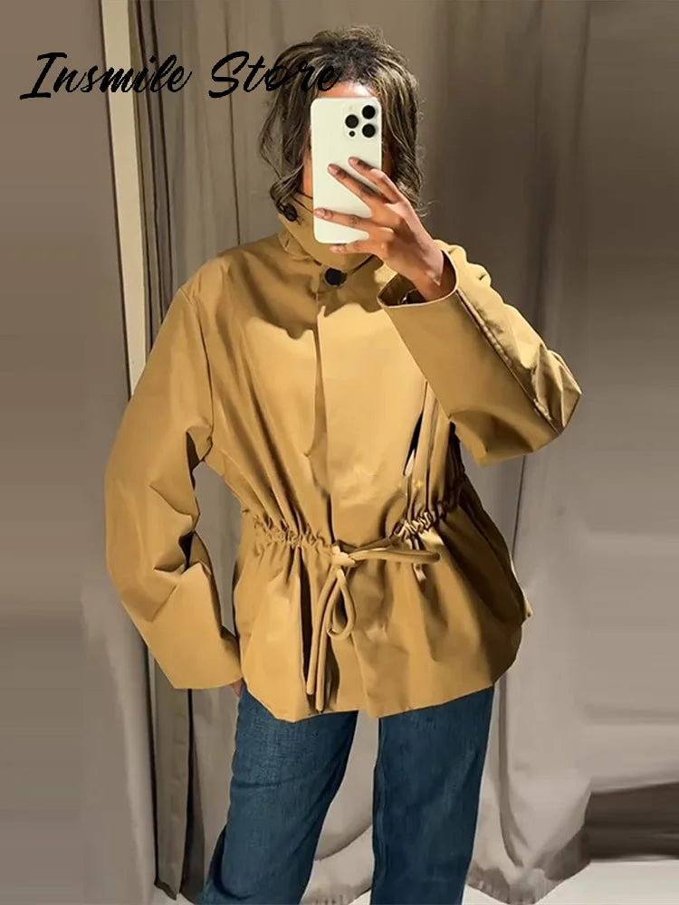 Casual Invisible Button Drawstring Short Parka Women Lapel Single Breasted Full Sleeve Solid Street Jacket 2025 Autumn Lady Coat