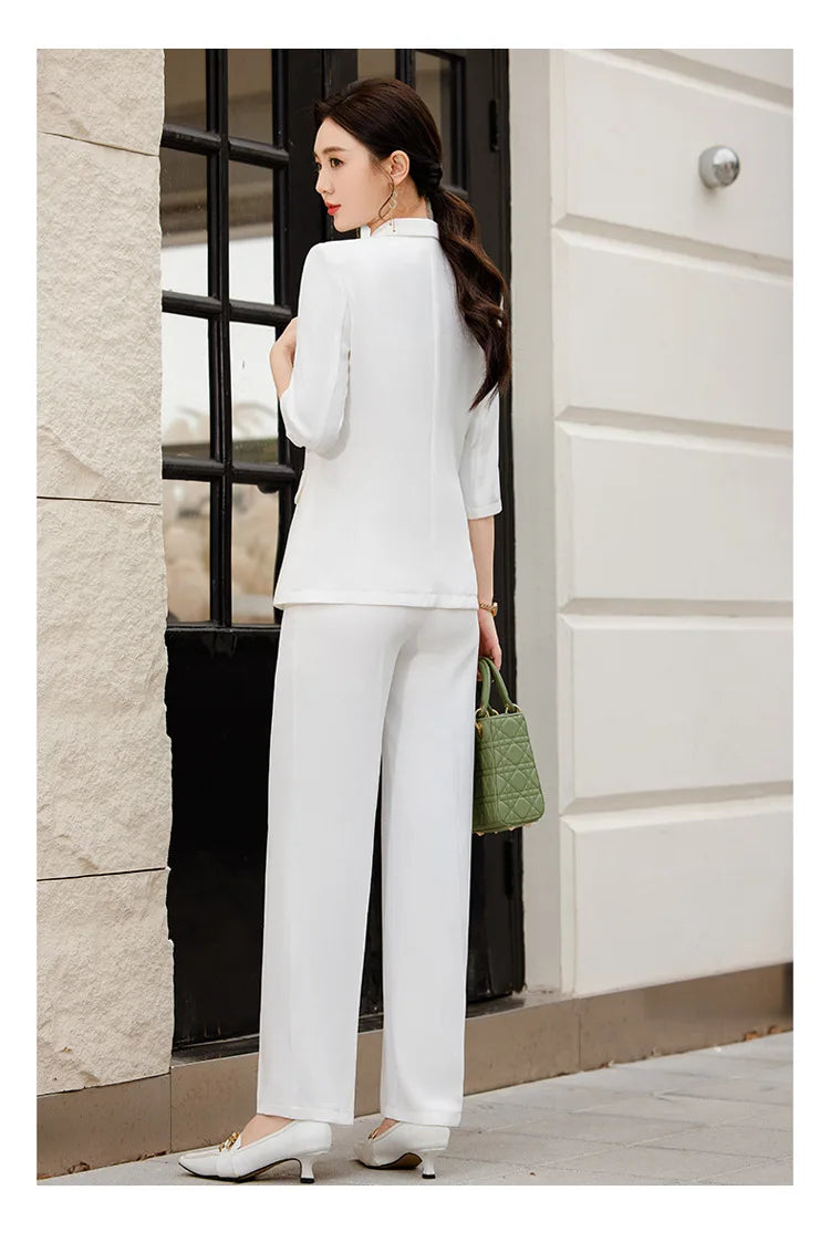 Office Pant Suits for Women Three Quarter Streetwear Casual Two Piece Set 2024 New Spring Summer Single Button Solid Pant Suits