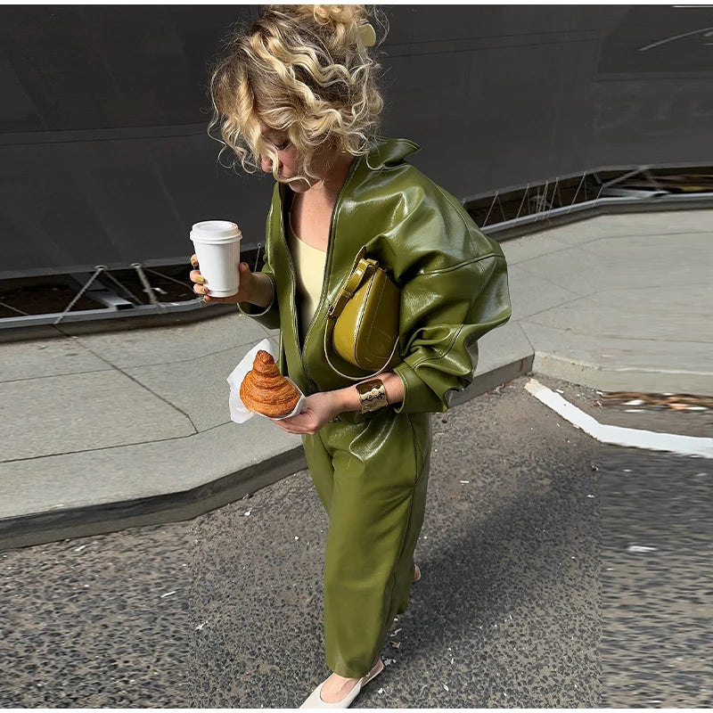 Y2K Pu Leather Women Skirt Set Street Solid Long Sleeve Stand Zippers Jacket Split Skirts 2025 Autumn Fashion Lady Outfit