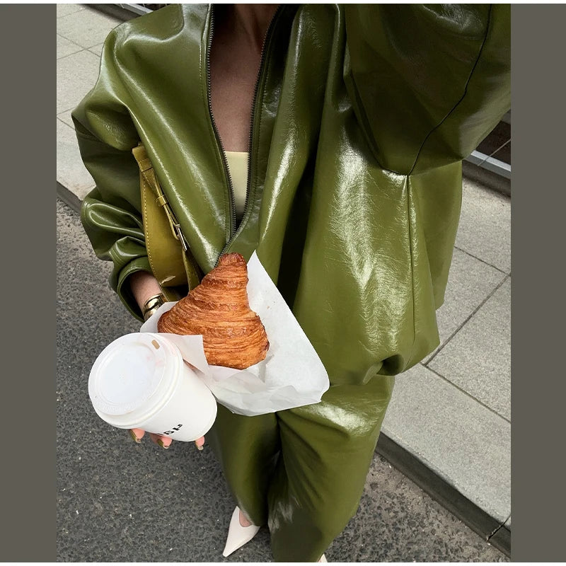 Y2K Pu Leather Women Skirt Set Street Solid Long Sleeve Stand Zippers Jacket Split Skirts 2025 Autumn Fashion Lady Outfit