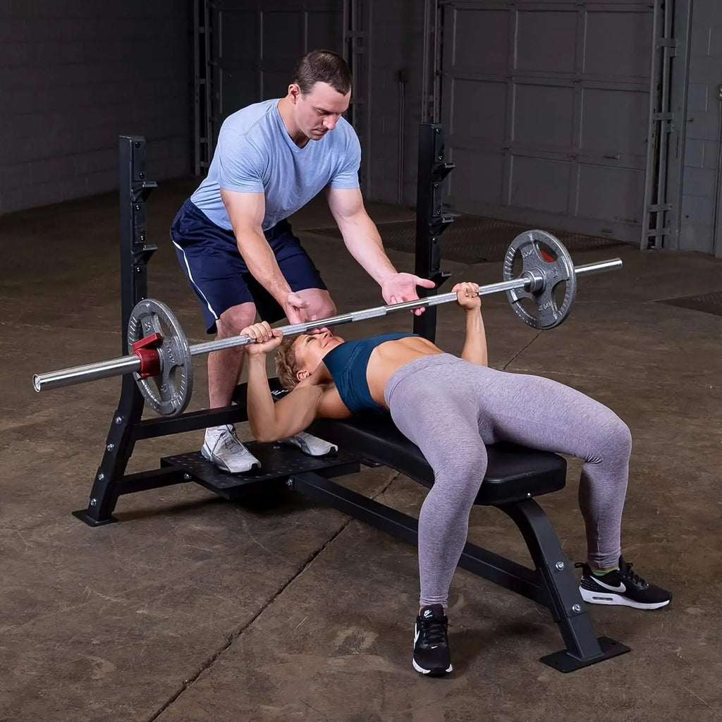 Fixed Flat Bench by for Weightlifting and Strength Training with Spotter Platform