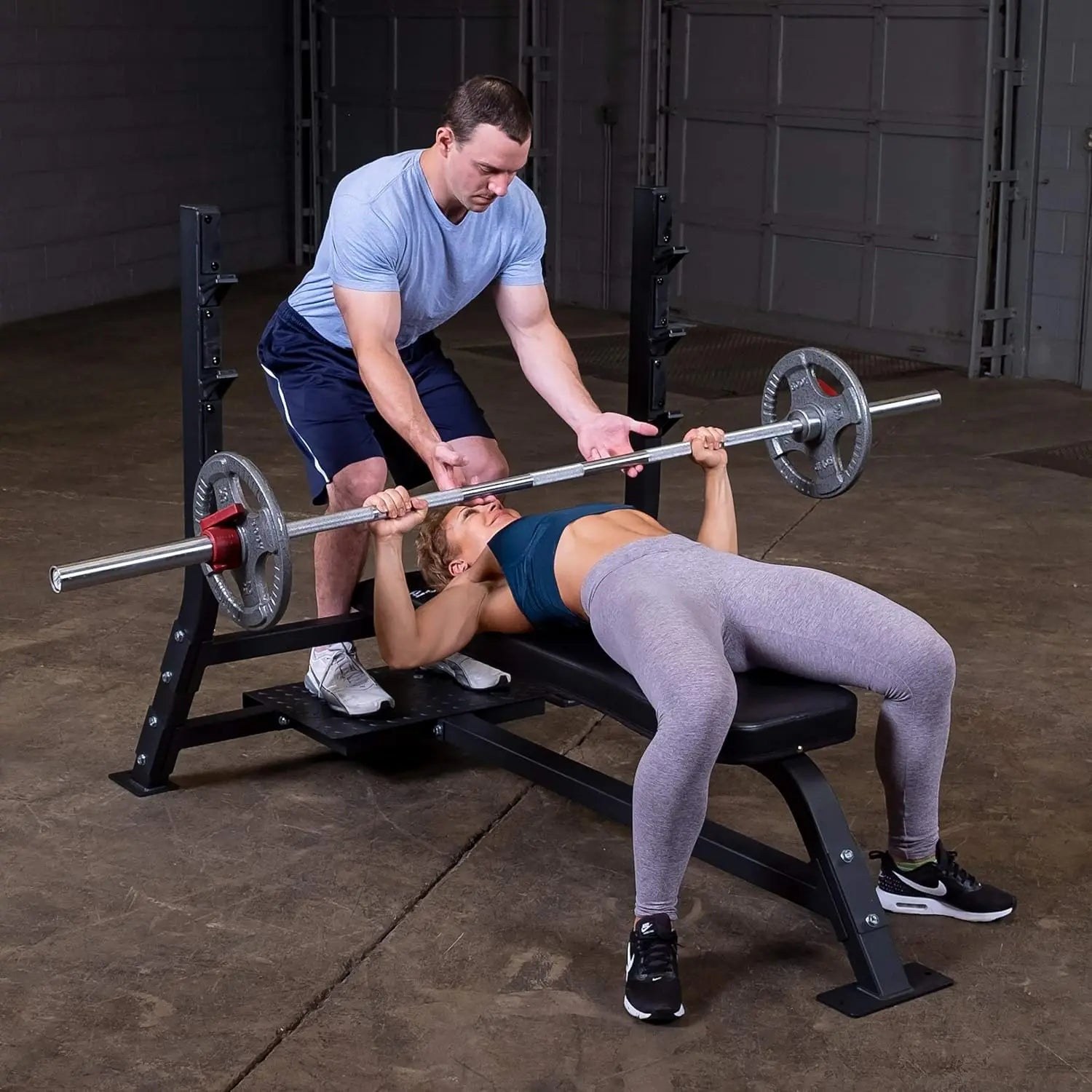 Fixed Flat Bench by for Weightlifting and Strength Training with Spotter Platform