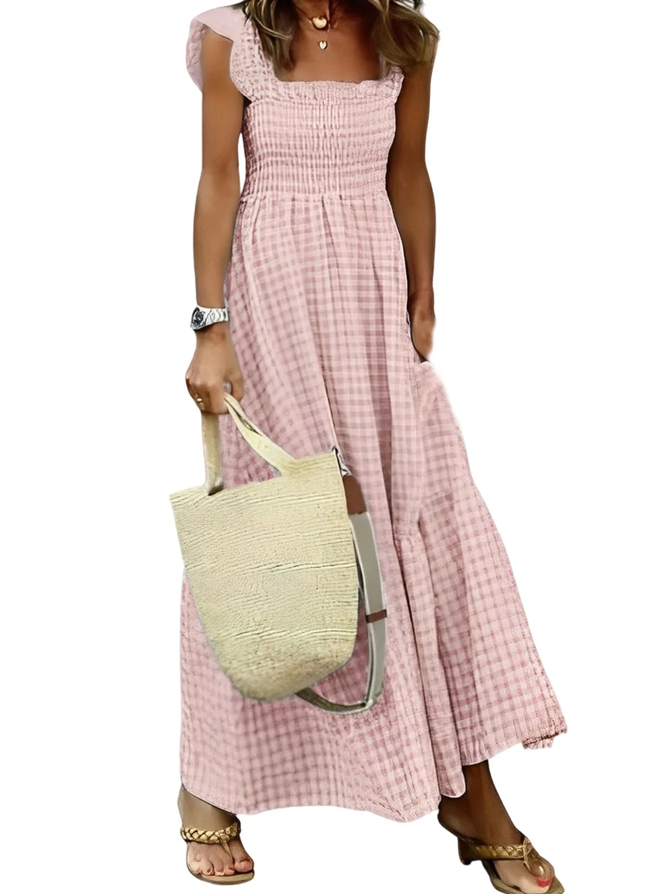 Women's Fashion summer outfits Retro Plaid Smocked Flounce Dress Dress Spaghetti Strap Flounce Long Dress