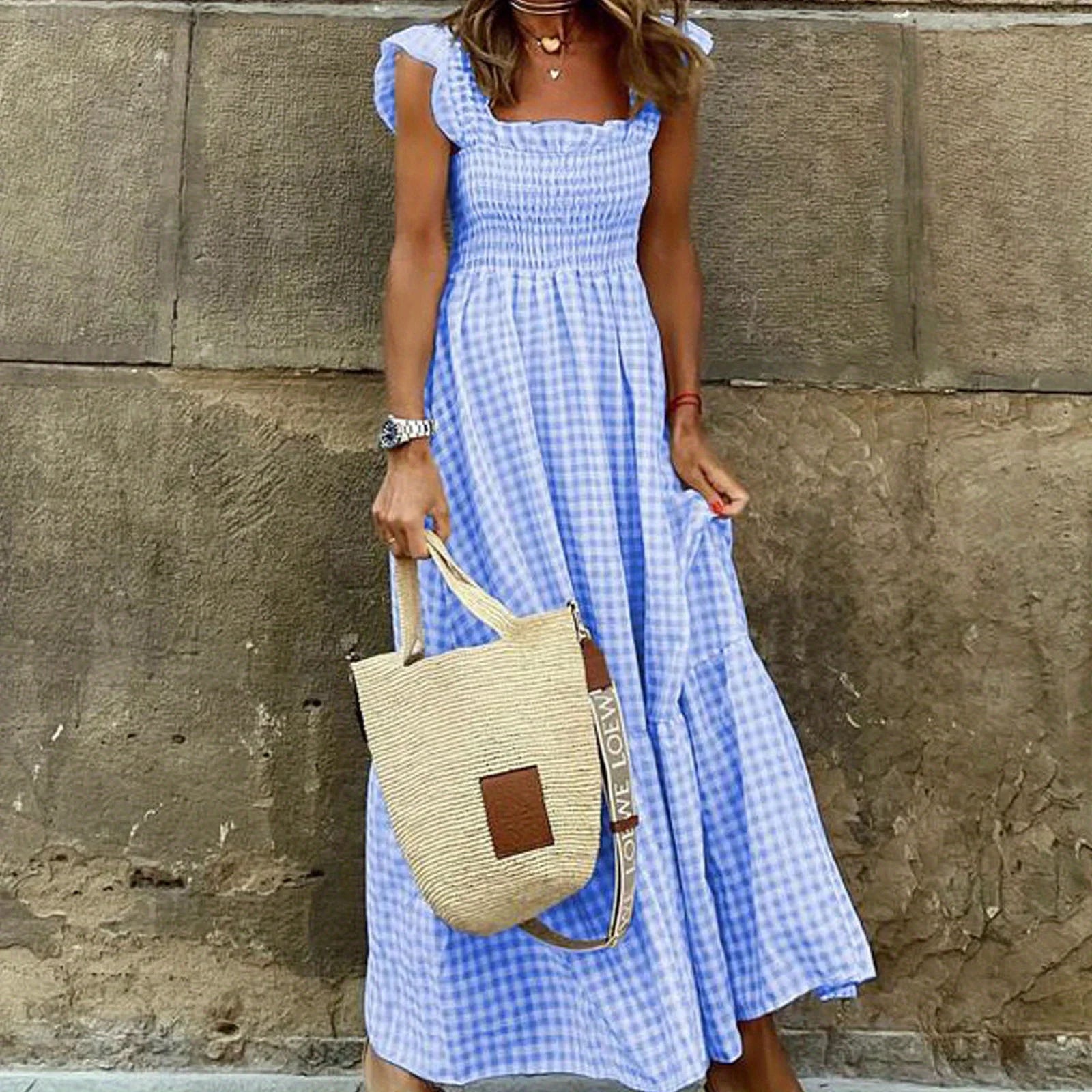 Women's Fashion summer outfits Retro Plaid Smocked Flounce Dress Dress Spaghetti Strap Flounce Long Dress