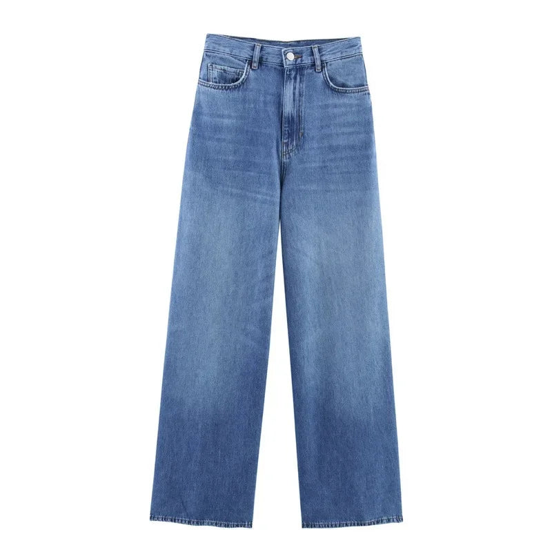 Fashion Casual Denim Shirt High Waist Wide Leg Pants Women's Independent Station Wind Clothing Satin Polyester Fiber AE Stock