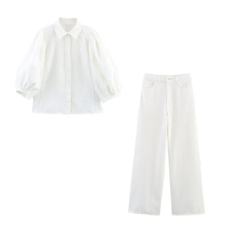 Fashion Casual Denim Shirt High Waist Wide Leg Pants Women's Independent Station Wind Clothing Satin Polyester Fiber AE Stock