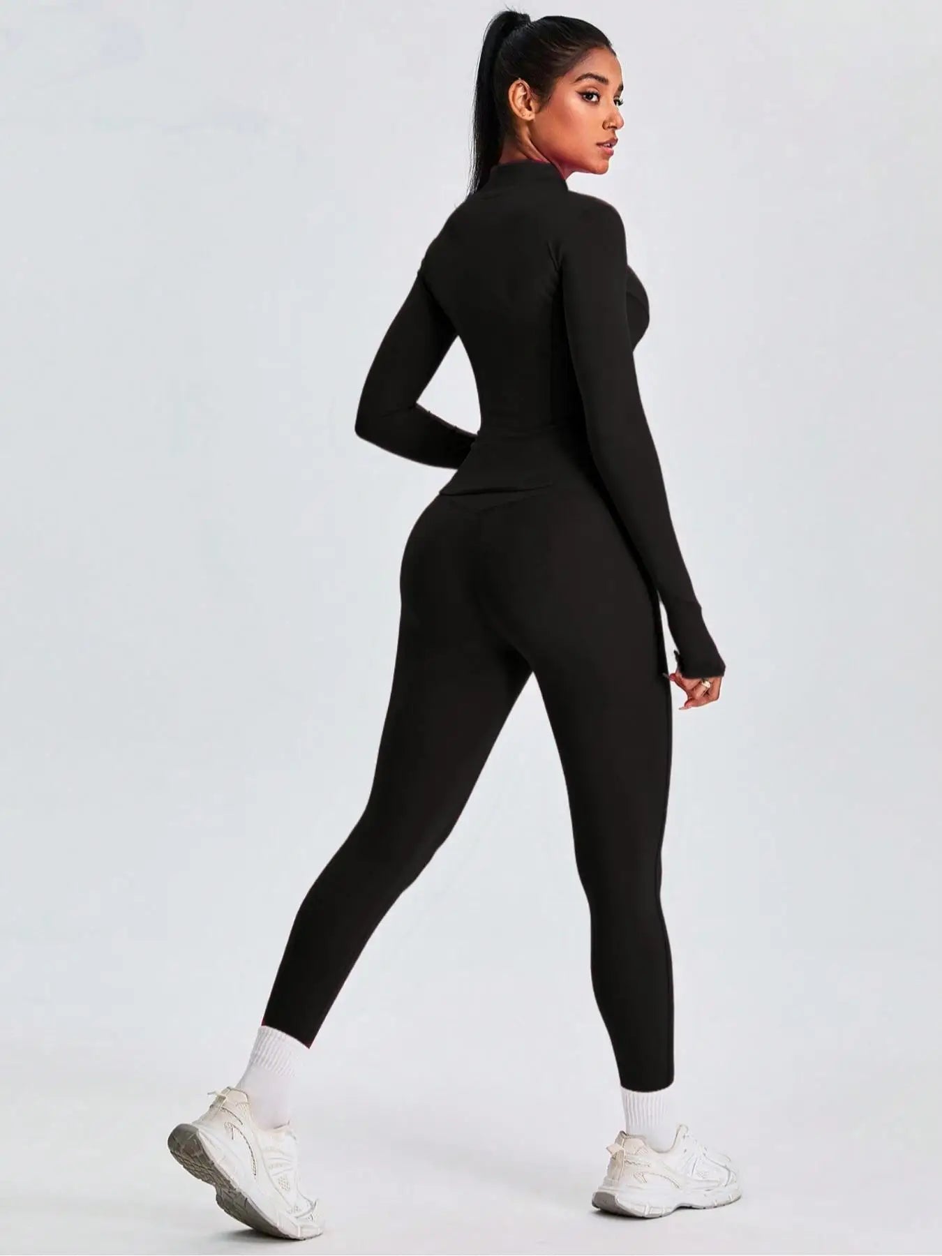 Fitfemme Two-piece Set Women's Solid Zip UpMock Neck Sports Jacket & HighWaist Leggings Set, SportyBreathable Quick Drying