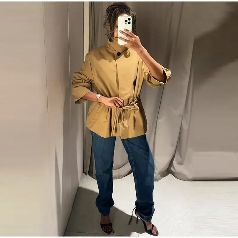 Casual Invisible Button Drawstring Short Parka Women Lapel Single Breasted Full Sleeve Solid Street Jacket 2025 Autumn Lady Coat