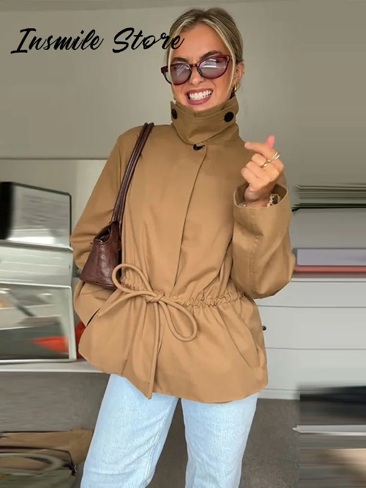 Casual Invisible Button Drawstring Short Parka Women Lapel Single Breasted Full Sleeve Solid Street Jacket 2025 Autumn Lady Coat