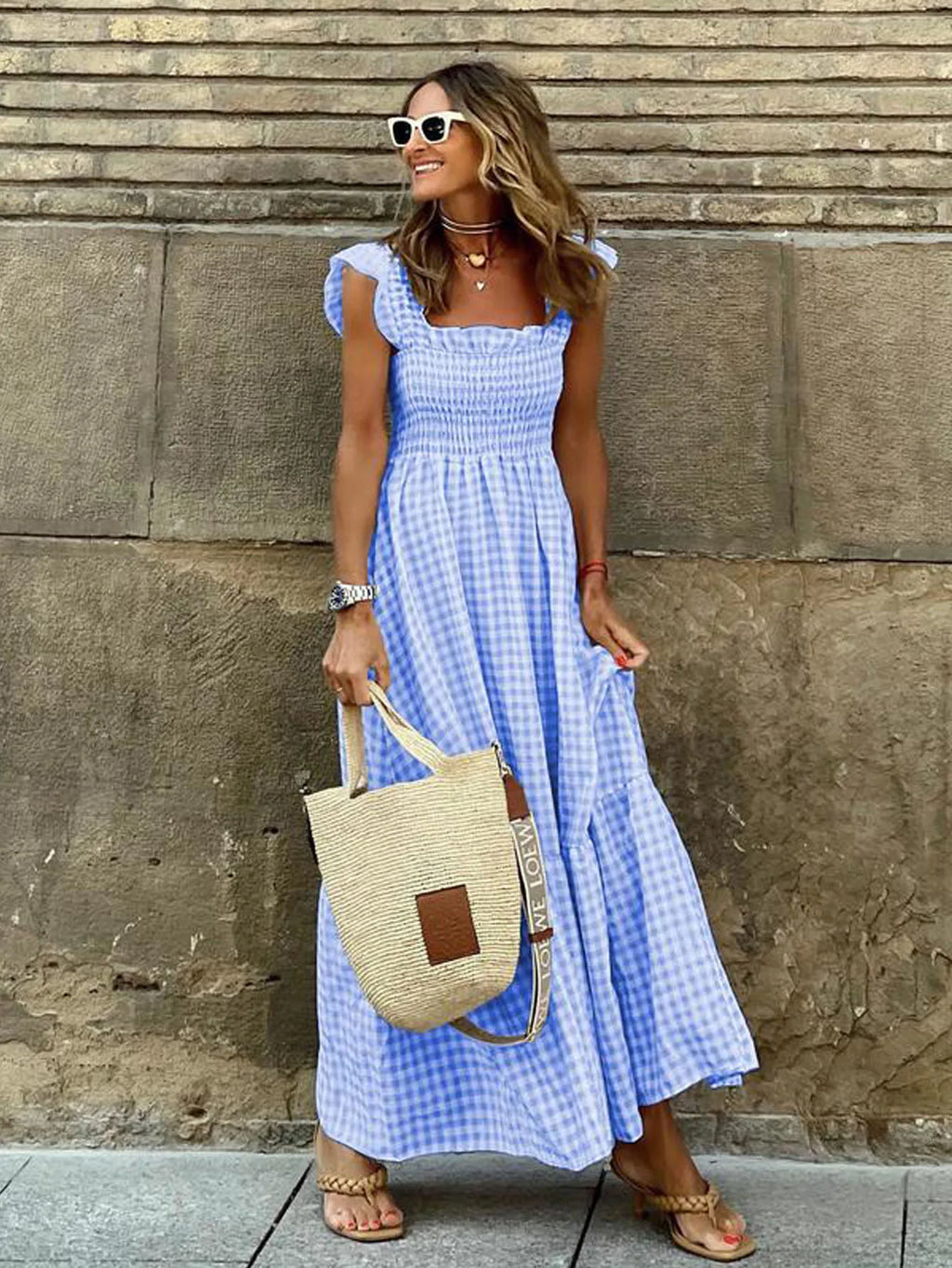 Women's Fashion summer outfits Retro Plaid Smocked Flounce Dress Dress Spaghetti Strap Flounce Long Dress