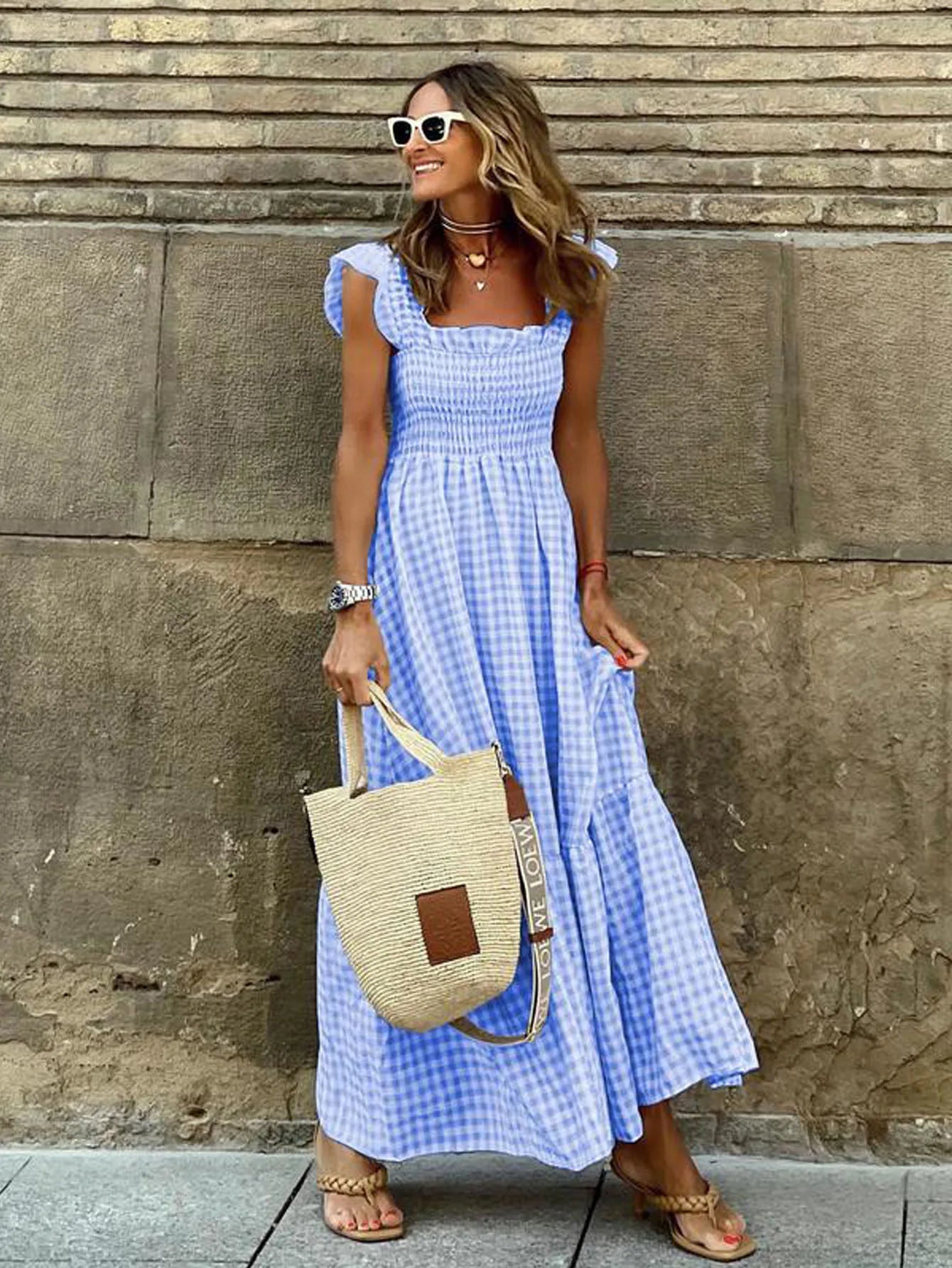 Women's Fashion summer outfits Retro Plaid Smocked Flounce Dress Dress Spaghetti Strap Flounce Long Dress