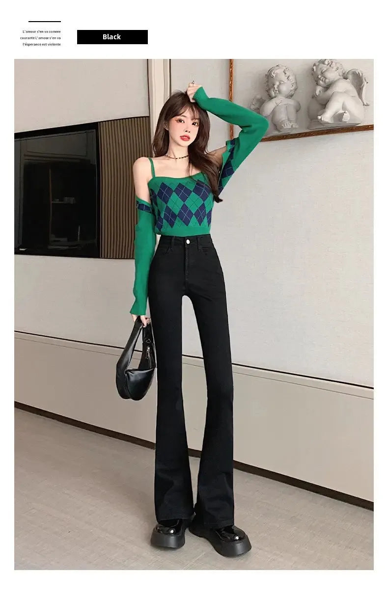 Slimming Straight-Leg Denim Jeans Women's Autumn/Winter Petite Blue Grey High Elasticity Micro Flare Shaping Smooth Silhouette