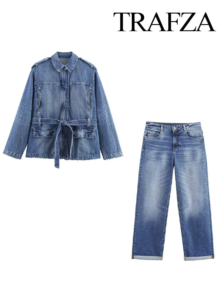 HH Women Denim Pant Sets Long Sleeves Belt Turn-Down Collar Coats+Loose Zipper Pockets High Waist Hemming Autumn Trousers