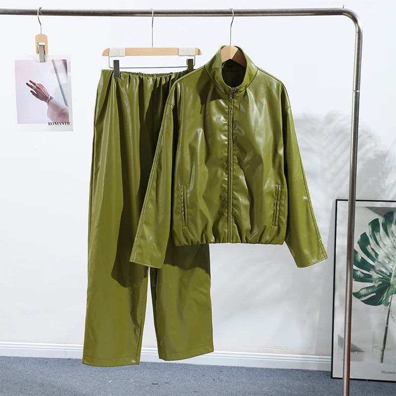 Y2K Pu Leather Women Skirt Set Street Solid Long Sleeve Stand Zippers Jacket Split Skirts 2025 Autumn Fashion Lady Outfit