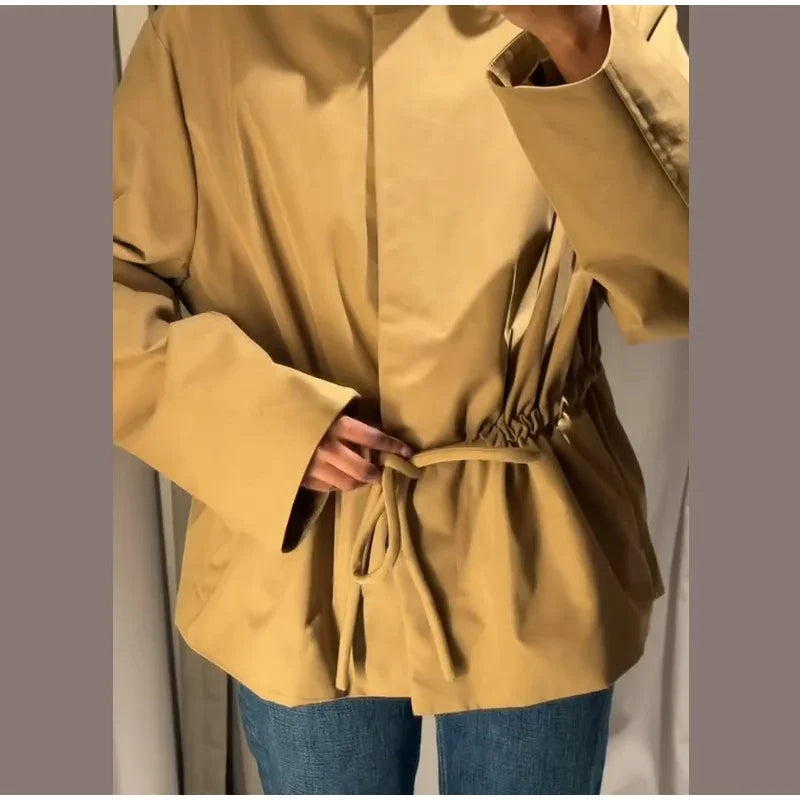 Casual Invisible Button Drawstring Short Parka Women Lapel Single Breasted Full Sleeve Solid Street Jacket 2025 Autumn Lady Coat