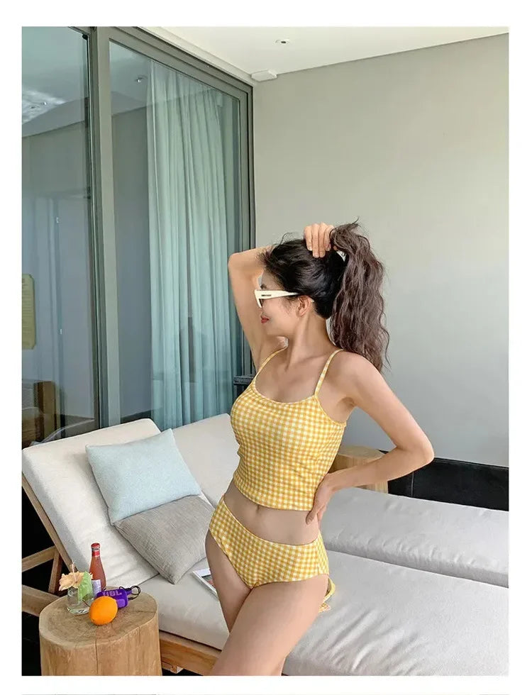 New 2025 Three-Piece Swimsuit Slimming Cover-Up Holiday Beauty Checkered Pattern Conservative Korean Style Bikini Set