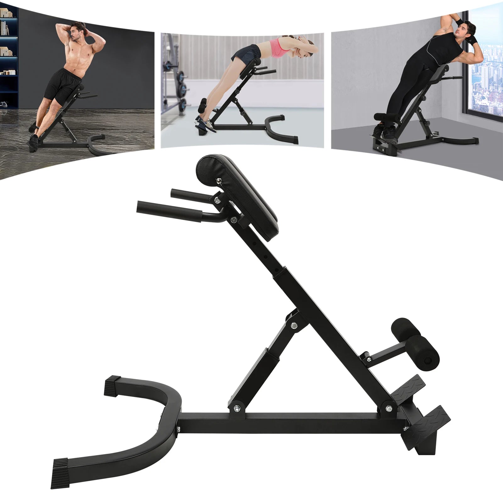 Multi-Functional Roman Chair Black Foam Rubber PU Sponge Steel for Full Body Workout