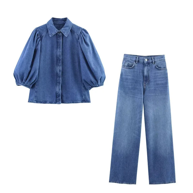 Fashion Casual Denim Shirt High Waist Wide Leg Pants Women's Independent Station Wind Clothing Satin Polyester Fiber AE Stock
