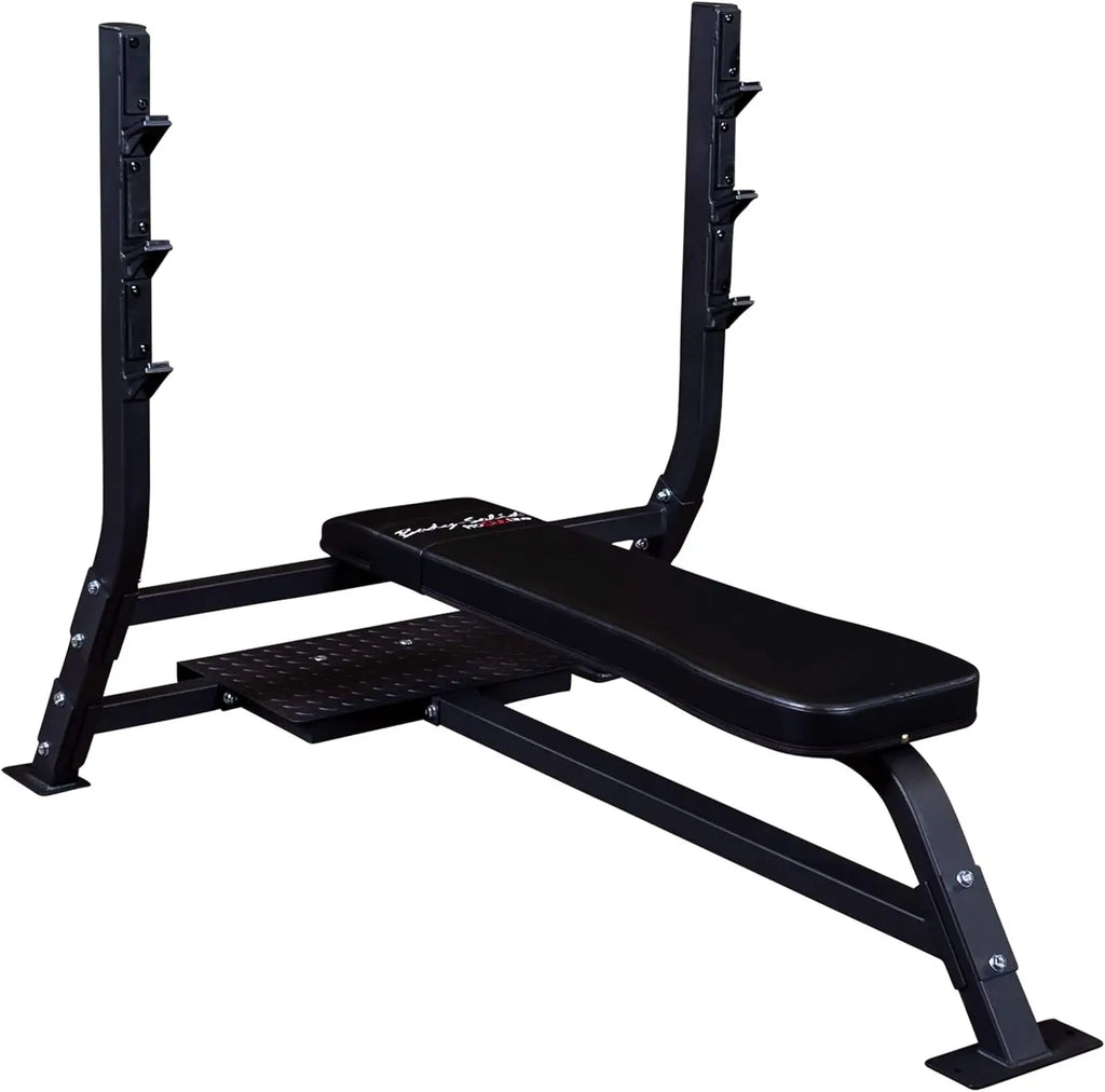Fixed Flat Bench by for Weightlifting and Strength Training with Spotter Platform