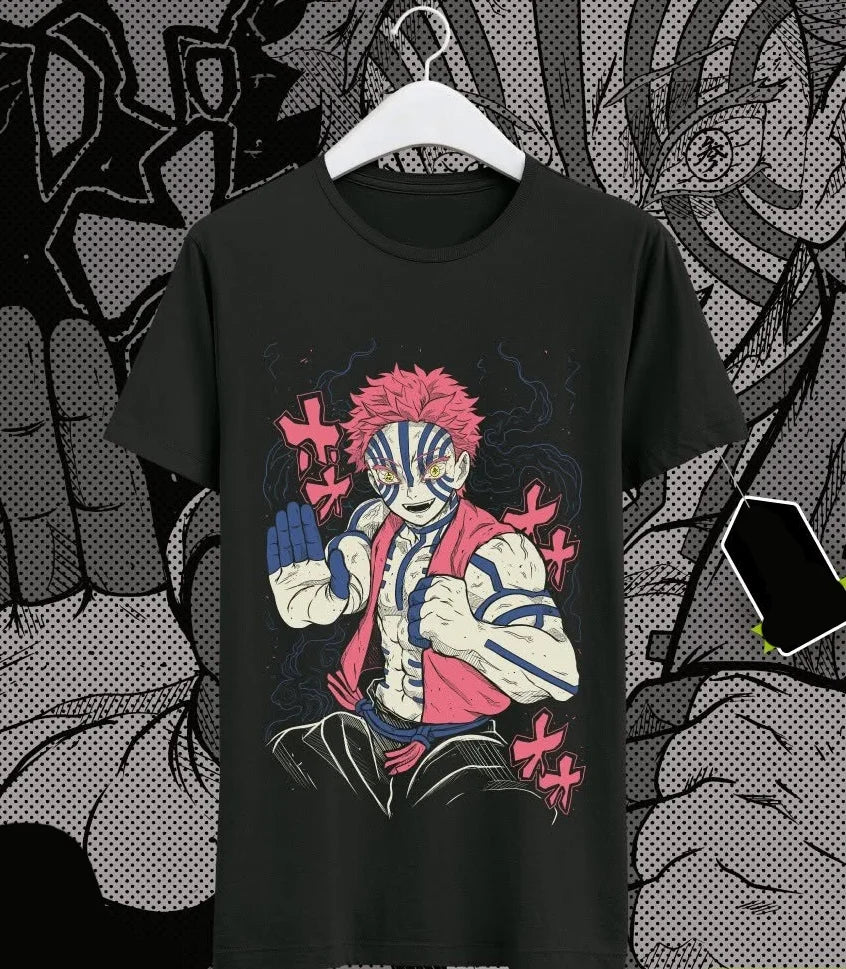 Akaza Kimetsu No Yaiba T-Shirt Demon Slayer Tanjiro Unisex Black Tshirt Cartoon Anime Pattern Women's Clothing Fashion Y2K Top