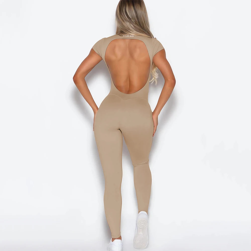 2025 Women Open Back Tee Bodysuit Bum Backless Seamless Gym Wear Short Sleeve One Piece Yoga Set Gym Outfit Overalls Jumpsuit