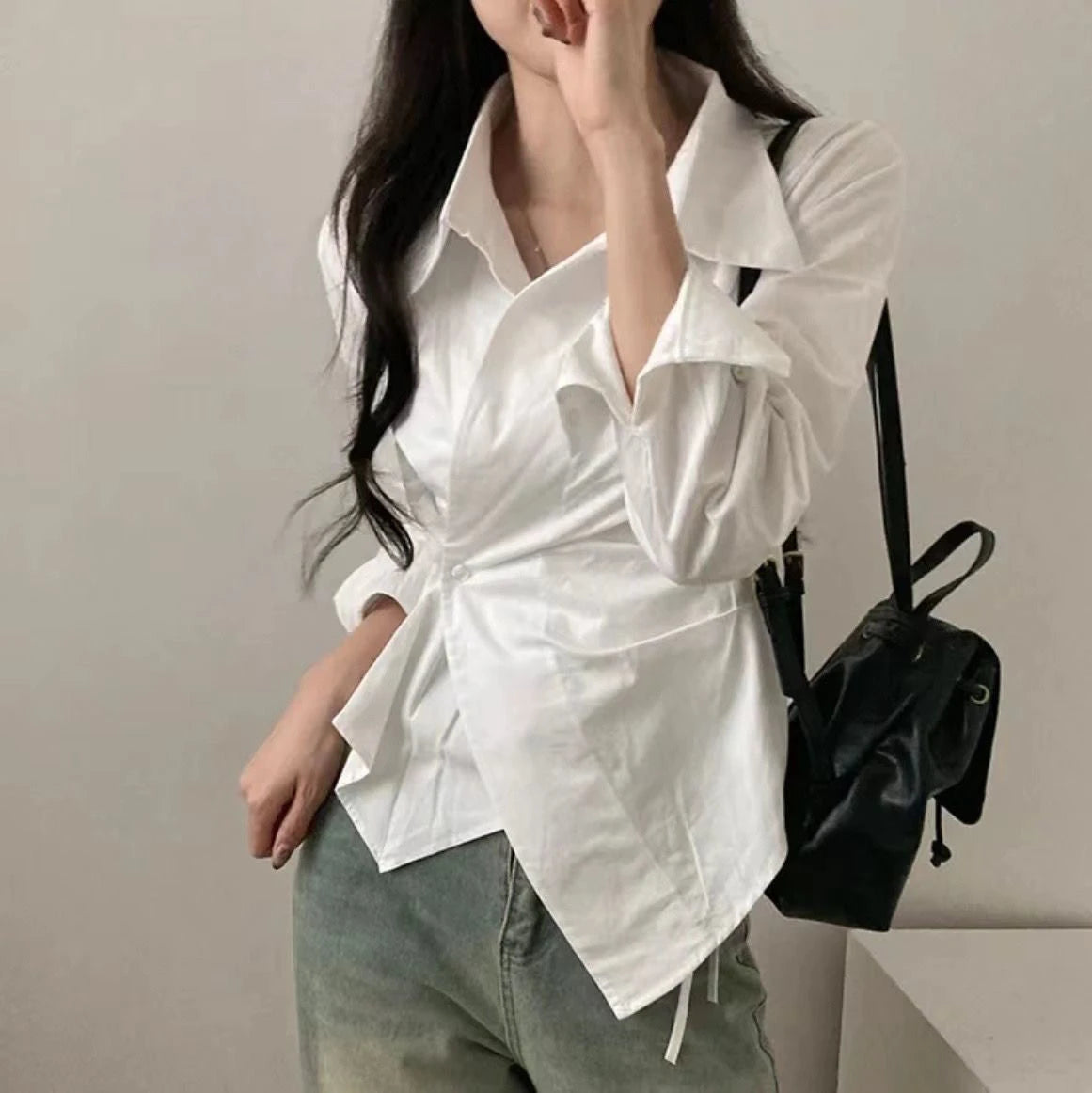Korean Design Irregular Waist-Cinching Autumn Striped College Sle Long Sve Slimming Top Women's Faion Polyester irt