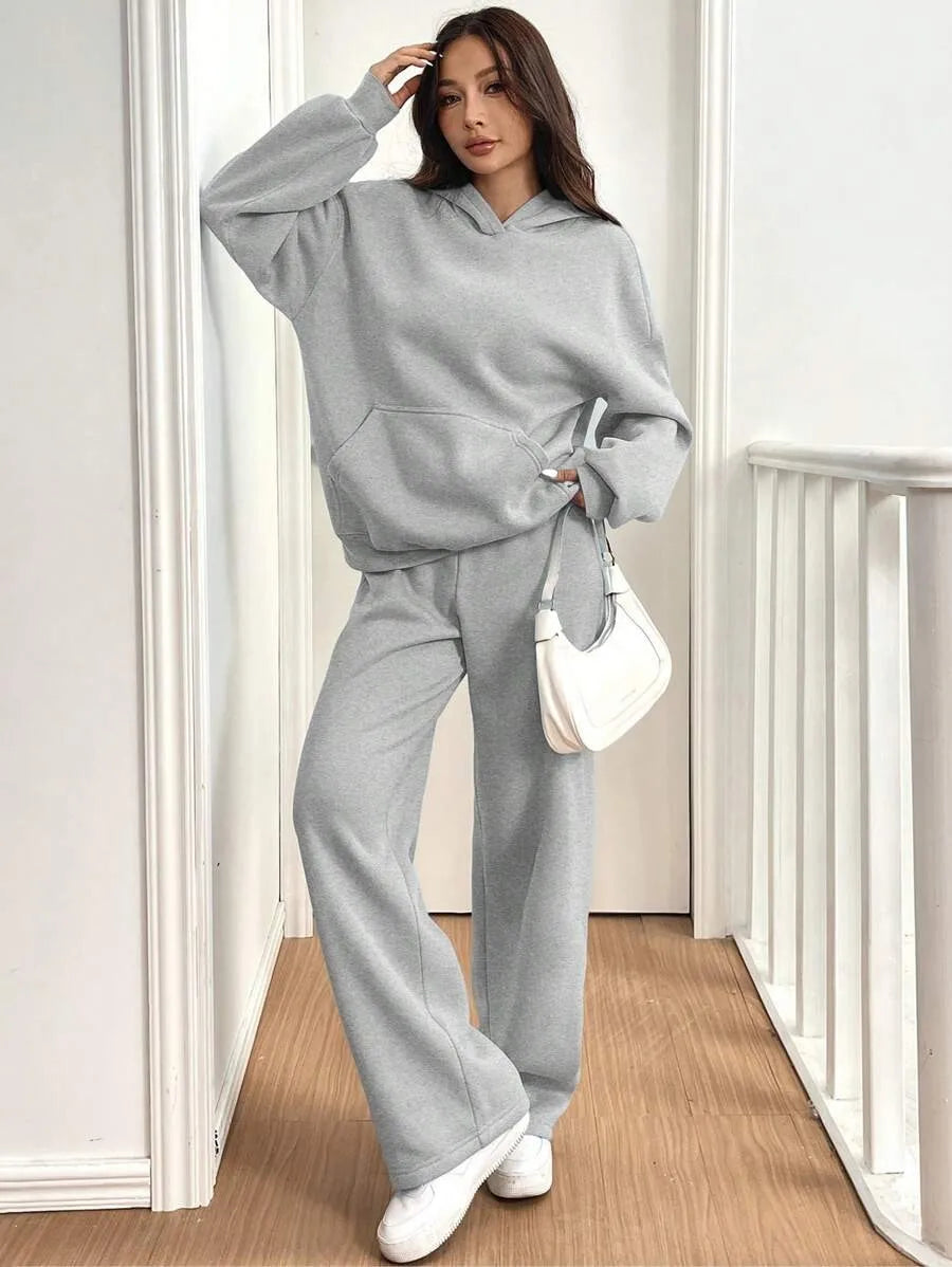 Simplicity Women's Outfits Two Piece Sport Set Long Sleeve Loose Hoodies Lace-up High Waist Straight Pant Sets Solid Tracksuits