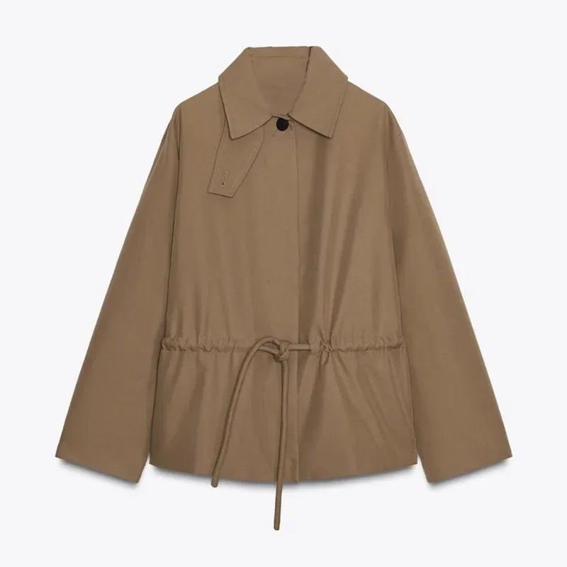 Casual Invisible Button Drawstring Short Parka Women Lapel Single Breasted Full Sleeve Solid Street Jacket 2025 Autumn Lady Coat