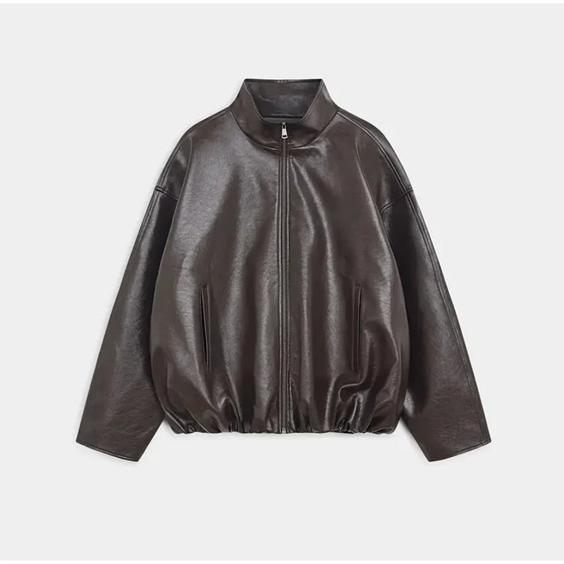 Y2K Pu Leather Women Skirt Set Street Solid Long Sleeve Stand Zippers Jacket Split Skirts 2025 Autumn Fashion Lady Outfit