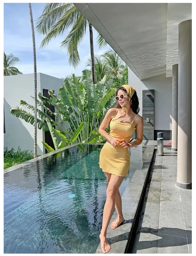 New 2025 Three-Piece Swimsuit Slimming Cover-Up Holiday Beauty Checkered Pattern Conservative Korean Style Bikini Set
