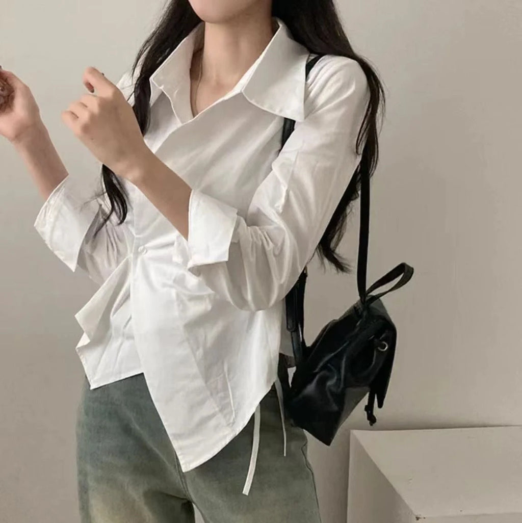Korean Design Irregular Waist-Cinching Autumn Striped College Sle Long Sve Slimming Top Women's Faion Polyester irt