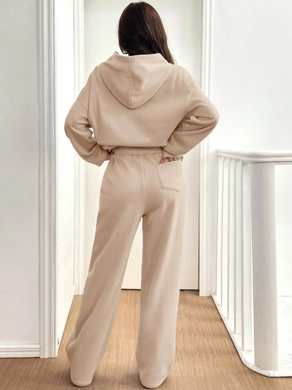 Simplicity Women's Outfits Two Piece Sport Set Long Sleeve Loose Hoodies Lace-up High Waist Straight Pant Sets Solid Tracksuits