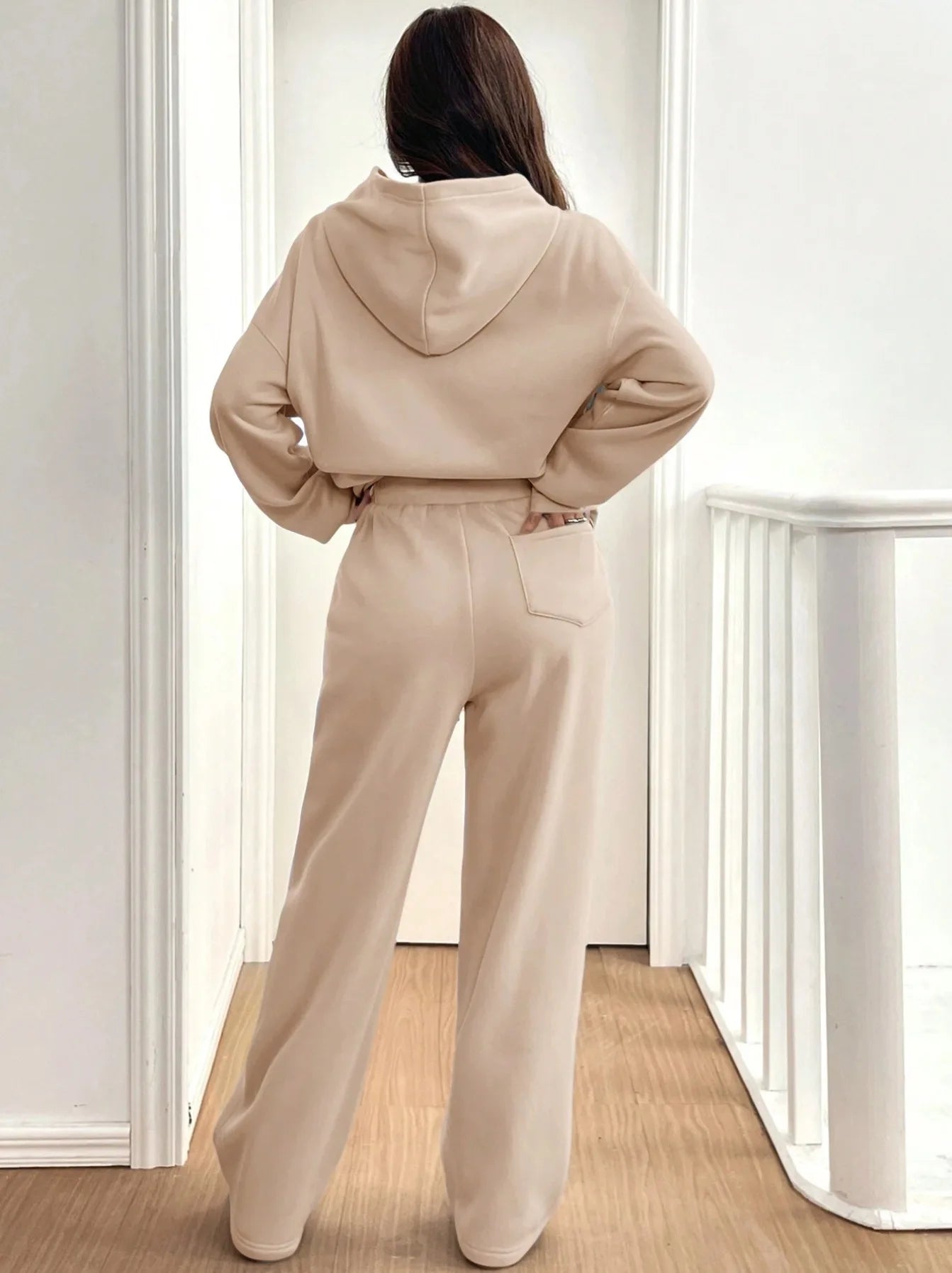 Simplicity Women's Outfits Two Piece Sport Set Long Sleeve Loose Hoodies Lace-up High Waist Straight Pant Sets Solid Tracksuits