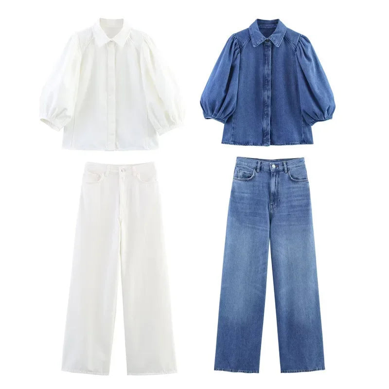 Fashion Casual Denim Shirt High Waist Wide Leg Pants Women's Independent Station Wind Clothing Satin Polyester Fiber AE Stock