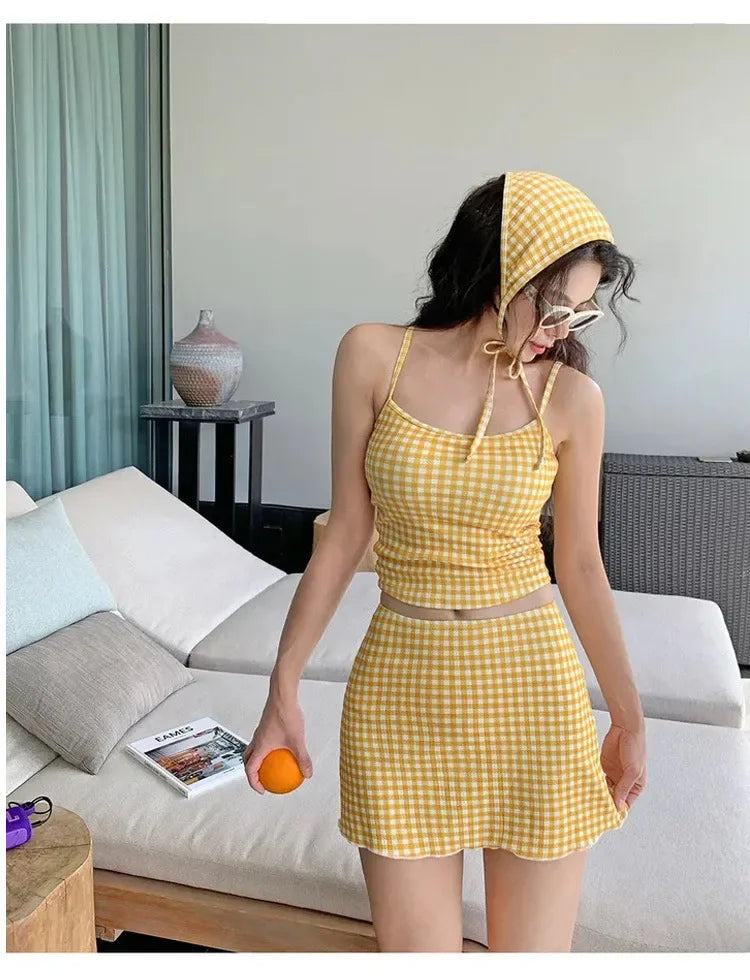 New 2025 Three-Piece Swimsuit Slimming Cover-Up Holiday Beauty Checkered Pattern Conservative Korean Style Bikini Set