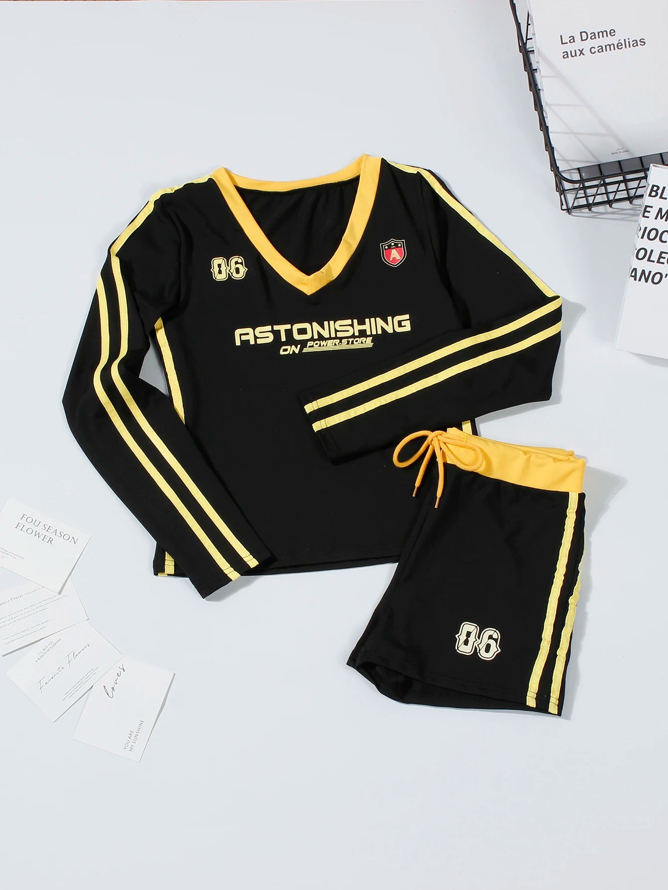 Summer Sexy Women 2 Piece Set Club Outfits Letter Print V-Neck Crop Tops+Matching Drawstring Shorts Casual Tracksuit