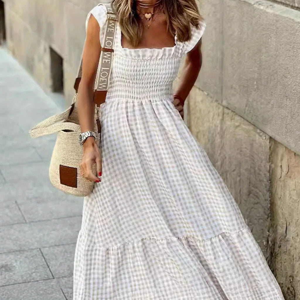 Women's Fashion summer outfits Retro Plaid Smocked Flounce Dress Dress Spaghetti Strap Flounce Long Dress