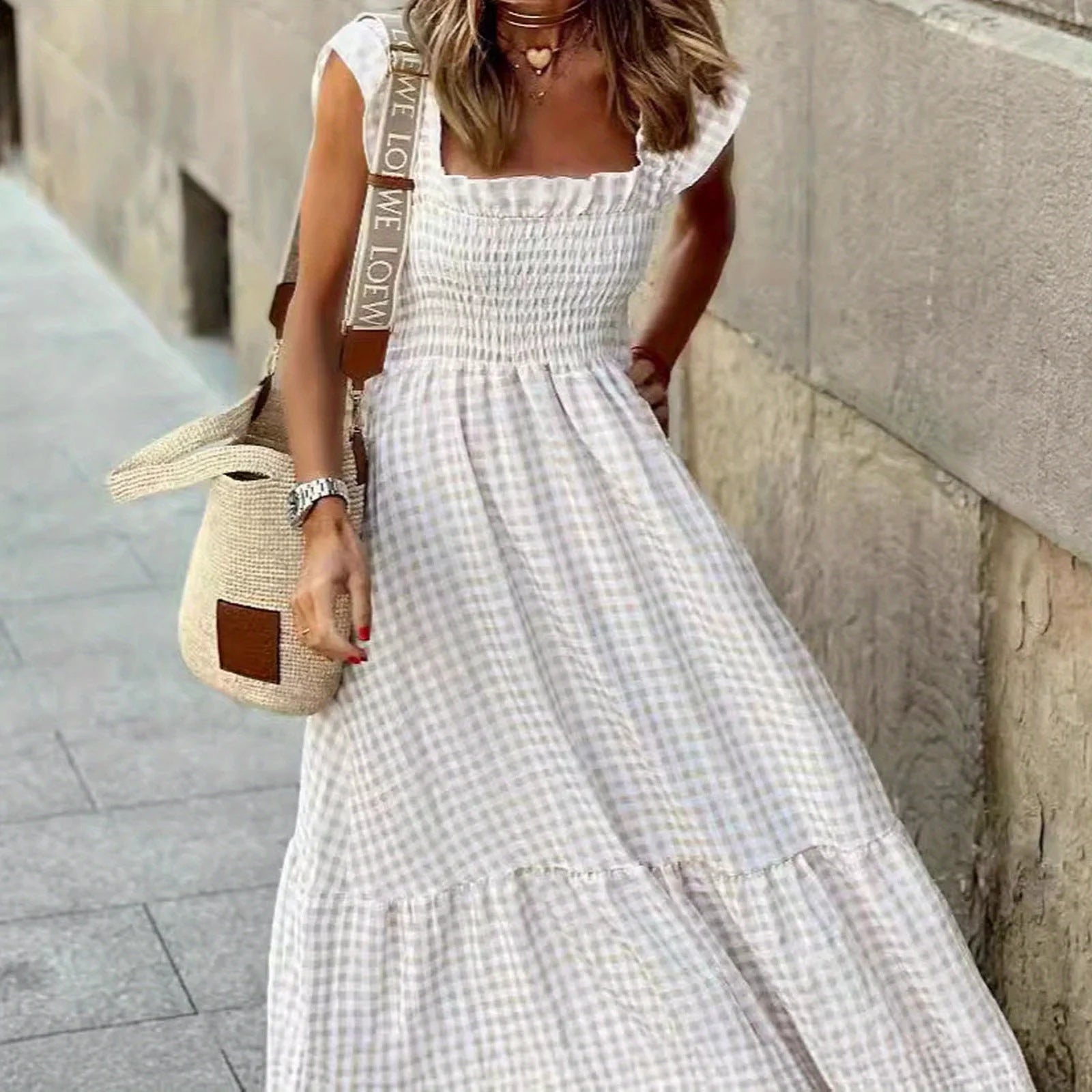 Women's Fashion summer outfits Retro Plaid Smocked Flounce Dress Dress Spaghetti Strap Flounce Long Dress