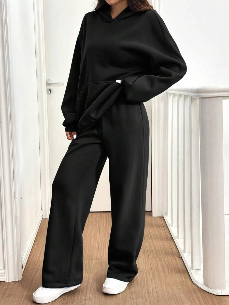 Simplicity Women's Outfits Two Piece Sport Set Long Sleeve Loose Hoodies Lace-up High Waist Straight Pant Sets Solid Tracksuits